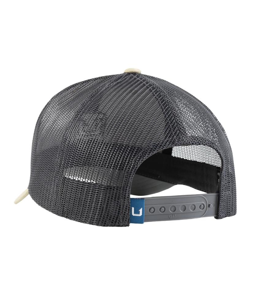 Rear view of a dark gray mesh trucker cap with a gray adjustable strap and a small blue tag featuring a white 'U' logo.