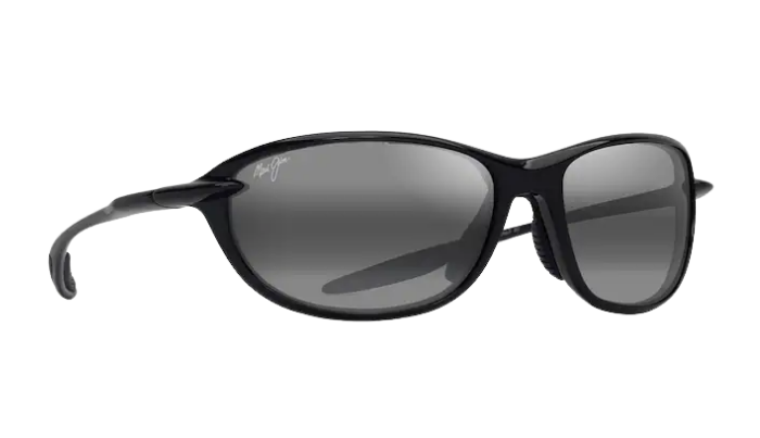 Black MAUI JIM Polarized sunglasses with gray lenses on a white background
