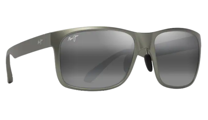Maui Jim Sunglasses with a gray frame and dark polarized lenses on a white background
