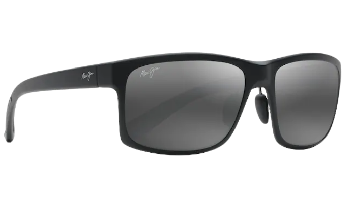 Black Maui jim sunglasses with a reflective polarized grey lens on a white background