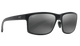 Black Maui jim sunglasses with a reflective polarized grey lens on a white background