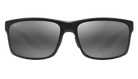 Black Maui jim sunglasses with a reflective polarized grey lens on a white background