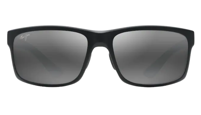 Black Maui jim sunglasses with a reflective polarized grey lens on a white background