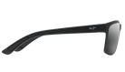 Black Maui jim sunglasses with a reflective polarized grey lens on a white background