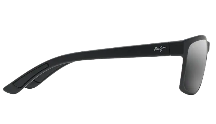 Black Maui jim sunglasses with a reflective polarized grey lens on a white background