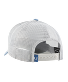 The back view of a white mesh trucker cap with a light blue button and matching blue accent on the adjustable strap.