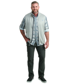 Man wearing a light gray vest WITH ZIPPER over a plaid shirt on a white background HUK GEAR