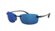 Sunglasses with blue lenses and black frames on a white background