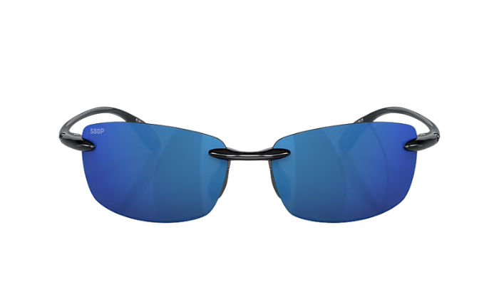 Blue sunglasses with black frames on a white background