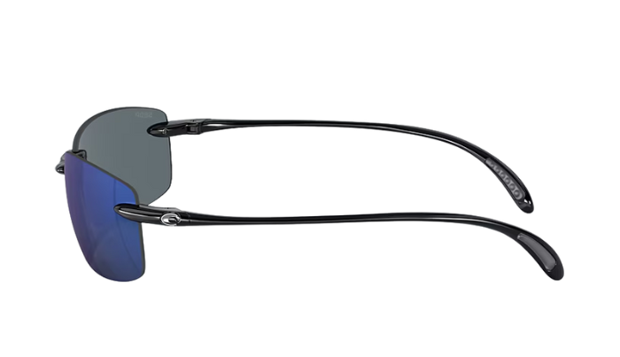 Sunglasses with black frame and blue and gray lenses on a white background