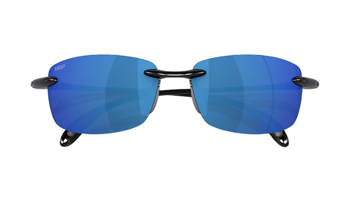 Blue sunglasses with black frames on a white background