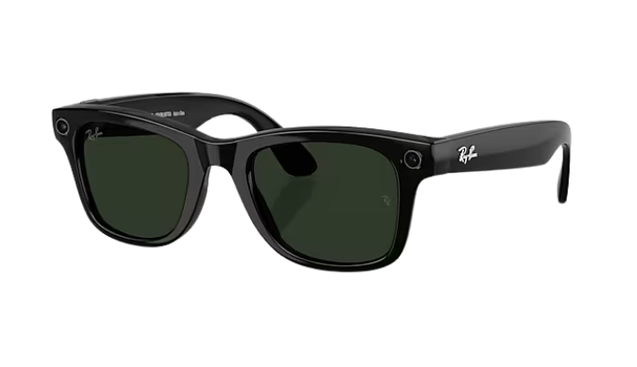 Black sunglasses with green lenses on a white background