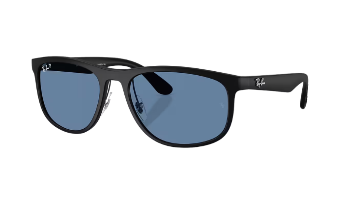 Black Ray-Ban RB4468 sunglasses with blue polarized lenses on a white background