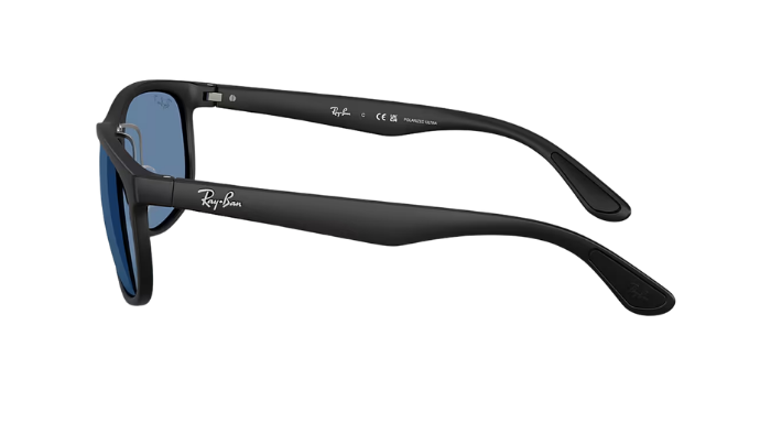 Black Ray-Ban RB4468 sunglasses with blue polarized lenses on a white background