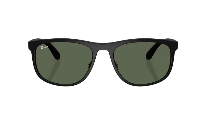 Black Ray-Ban RB4468 sunglasses with green lenses on a white background