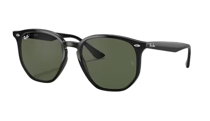 Black Ray-Ban sunglasses with green lenses on a white background