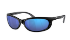 Black-framed sunglasses with blue lenses on a white background