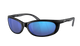 Black-framed sunglasses with blue lenses on a white background