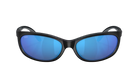 Black sunglasses with blue lenses on a white background