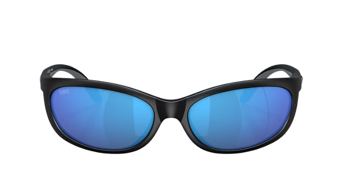 Black sunglasses with blue lenses on a white background