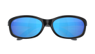 Black-framed sunglasses with blue reflective lenses on a white background