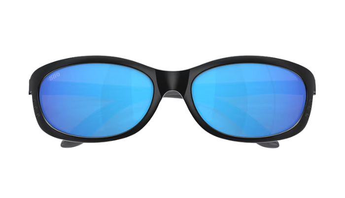Black-framed sunglasses with blue reflective lenses on a white background