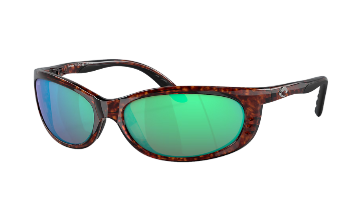 Sunglasses with tortoiseshell frame and green lenses on a white background