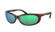 Sunglasses with tortoiseshell frame and green lenses on a white background