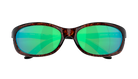 Sunglasses with green reflective lenses and tortoiseshell frame on a white background