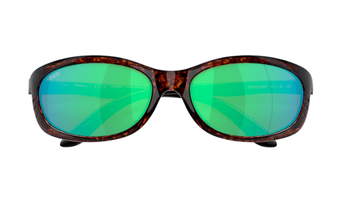 Sunglasses with green reflective lenses and tortoiseshell frame on a white background