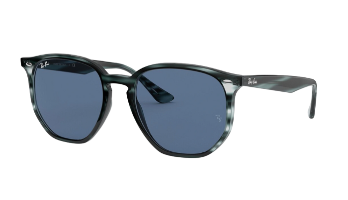 Ray-Ban Sunglasses with a black and blue tortoise frame and blue lenses on a white background