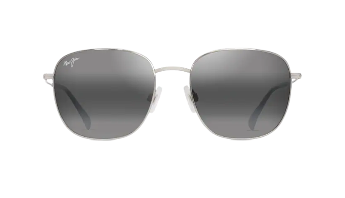Silver sunglasses with reflective lenses on a white background