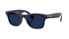 Black sunglasses with blue lenses on a white background