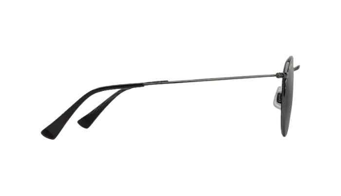 Sunglasses with thin black frame and reflective lenses on a white background