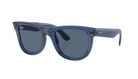 Blue sunglasses with a clear frame on a white background
