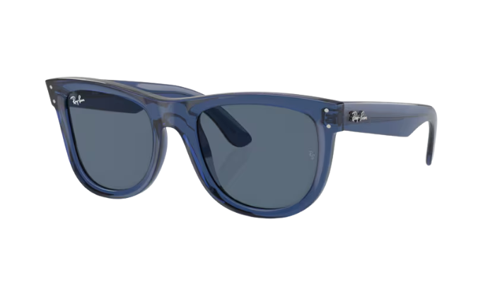 Blue sunglasses with a clear frame on a white background