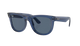 Blue sunglasses with a clear frame on a white background