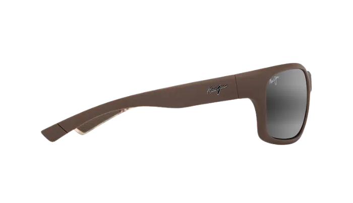 Brown sunglasses with a logo on the arm against a white background