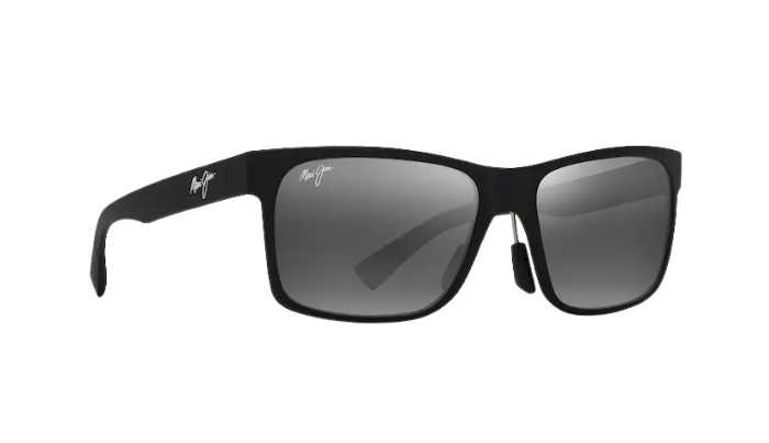 Black sunglasses with a reflective lens on a white background