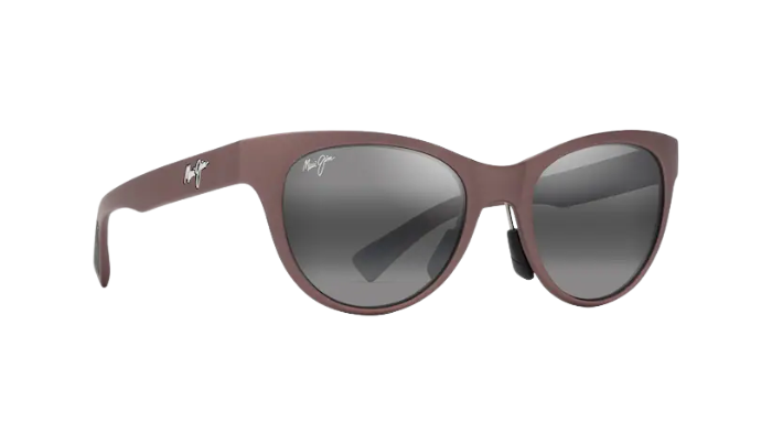 Sunglasses with a maroon frame and dark lenses on a white background