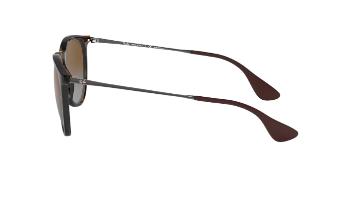 A pair of Ray-Ban sunglasses shown from a side profile view on a solid white background. The sunglasses feature a dark brown acetate frame, brown lenses, and dark brown temple tips with silver metal arms.