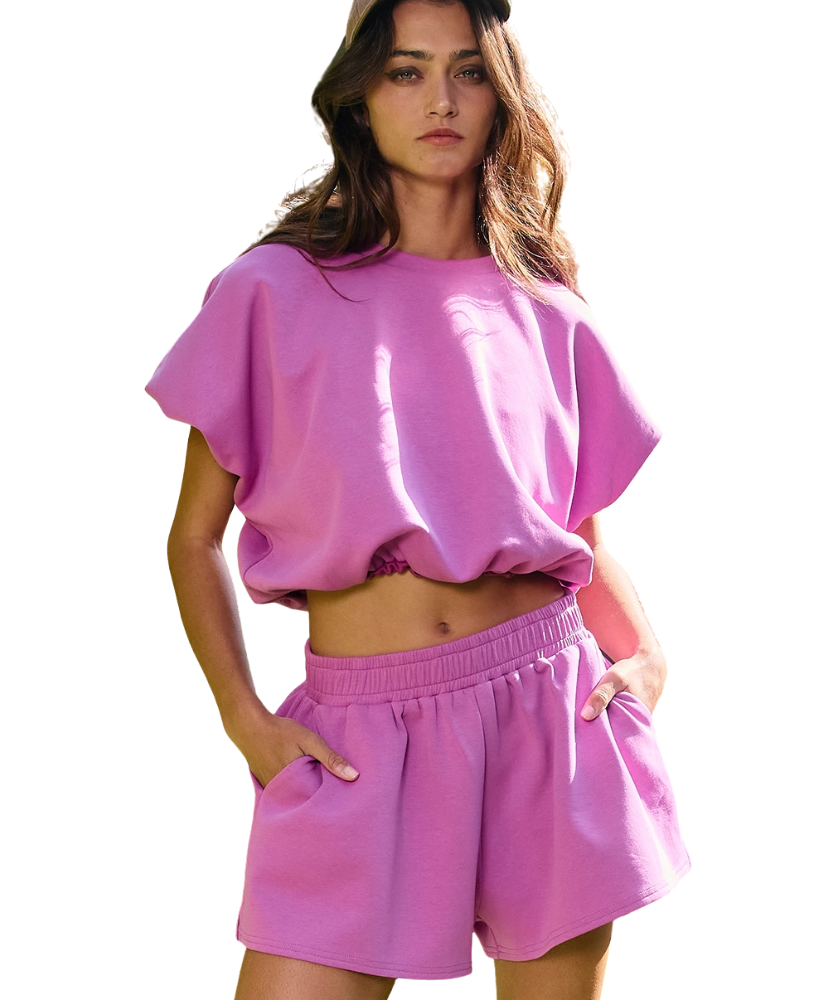 Scuba Bubble Hem and Sleeve Solid Crop Top