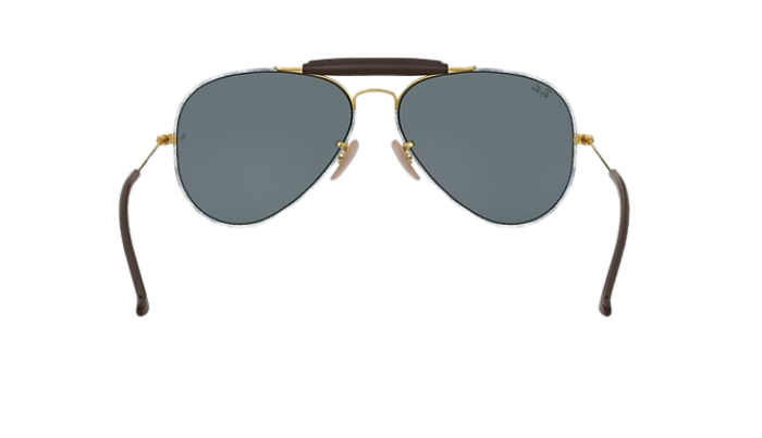 Aviator Ray-Ban sunglasses with denim gold frame and dark lenses on a white background