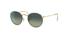 Round sunglasses with gold frame and green gradient lenses on a white background