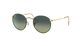 Round sunglasses with gold frame and green gradient lenses on a white background
