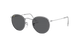 Round sunglasses with dark lenses and thin metal frame on a white background