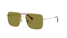 Gold-framed sunglasses with green lenses on a white background