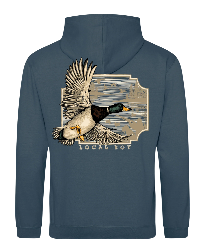 Blue hoodie with a duck graphic and 'Local Boy' text on the back