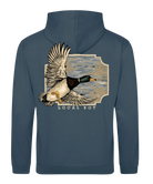 Blue hoodie with a duck graphic and 'Local Boy' text on the back