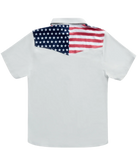 White polo shirt with American flag on the back against a white background